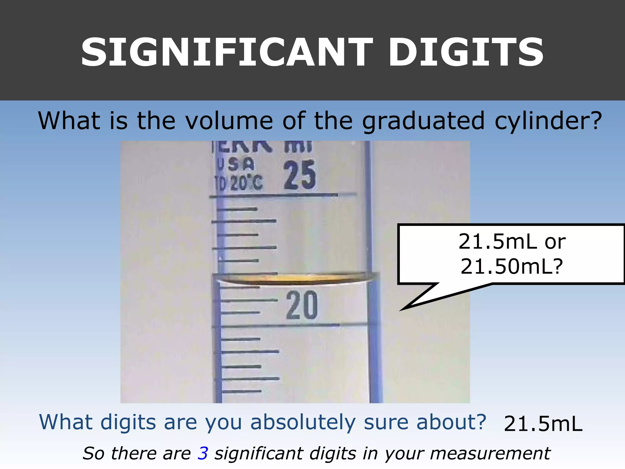 SIGNIFICANT DIGITS
What is the volume of the graduated cylinder?
What digits are you absolutely sure about?
21.5mL or
21.50mL?
21.5mL
So there are 3 significant digits in your measurement
 