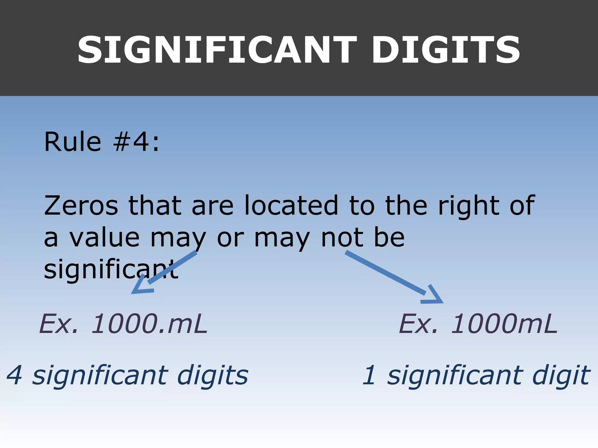 SIGNIFICANT DIGITS
Rule #4:
Zeros that are located to the right of
a value may or may not be
significant
Ex. 1000.mL
4 significant digits
Ex. 1000mL
1 significant digit
 
