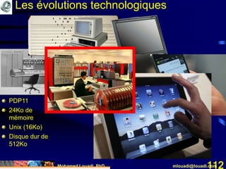 Mohamed Louadi, PhD mlouadi@louadi.com112
• PDP11
• 24Ko de
mémoire
• Unix (16Ko)
• Disque dur de
512Ko
Les évolutions technologiques
 