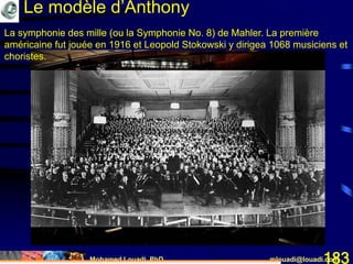 Mohamed Louadi, PhD mlouadi@louadi.com183
La symphonie des mille (ou la Symphonie No. 8) de Mahler.
Le modèle d’Anthony
La symphonie des mille (ou la Symphonie No. 8) de Mahler. La première
américaine fut jouée en 1916 et Leopold Stokowski y dirigea 1068 musiciens et
choristes.
 