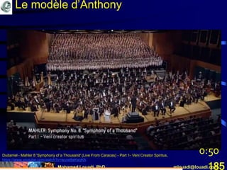 Mohamed Louadi, PhD mlouadi@louadi.com185
Dudamel - Mahler 8 'Symphony of a Thousand' (Live From Caracas) - Part 1- Veni Creator Spiritus,
https://www.youtube.com/watch?v=wuve8eKeqKA
Le modèle d’Anthony
0:50
 