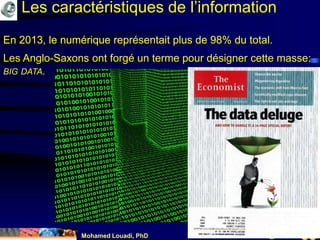 Mohamed Louadi, PhD mlouadi@louadi.com55
En 2013, le numérique représentait plus de 98% du total.
Les Anglo-Saxons ont forgé un terme pour désigner cette masse:
BIG DATA.
En 2013, le numérique représentait plus de 98% du total.
Les caractéristiques de l’information
 