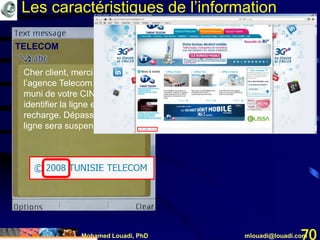 Mohamed Louadi, PhD mlouadi@louadi.com70
Les caractéristiques de l’information
Cher client, merci de passer à
l’agence Telecom la + proche
muni de votre CIN pour
identifier la ligne et gagner 1
recharge. Dépassé 15j votre
ligne sera suspendue.
TELECOM 12 août 2013
 