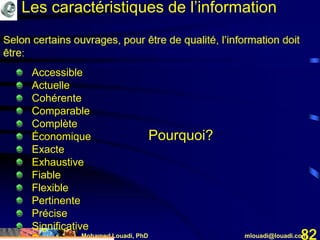 Mohamed Louadi, PhD mlouadi@louadi.com82
Accessible
Actuelle
Cohérente
Comparable
Complète
Économique
Exacte
Exhaustive
Fiable
Flexible
Pertinente
Précise
Significative
Pourquoi?
Les caractéristiques de l’information
 