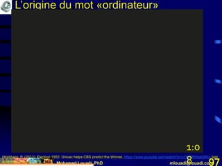 Mohamed Louadi, PhD mlouadi@louadi.com97
L’origine du mot «ordinateur»
Hirshberg, P. (2013). Election 1952: Univac helps CBS predict the Winner, https://www.youtube.com/watch?v=v7K8MW8wQWs, last
accessed Jan 1st, 2018.
1:0
8
 