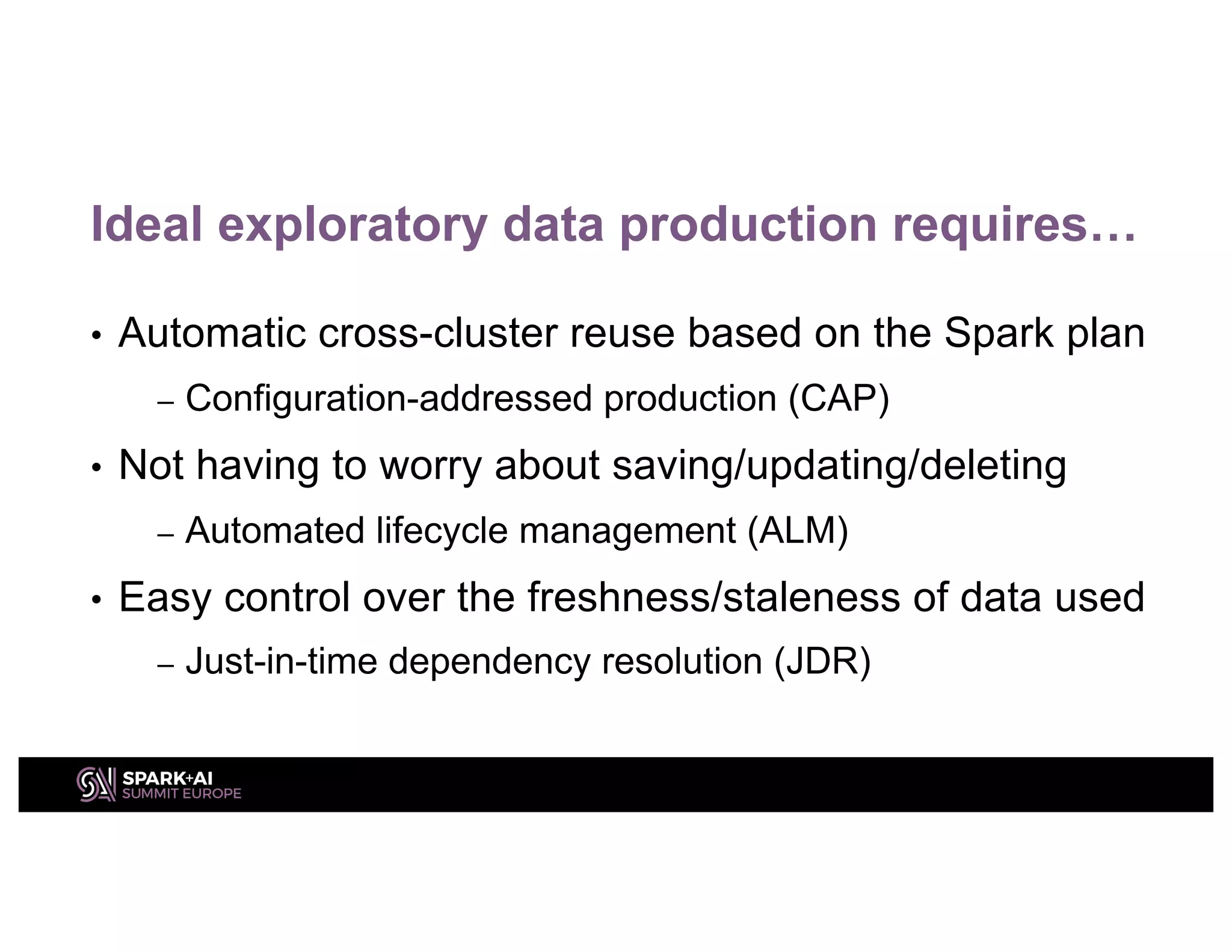 Ideal exploratory data production requires…
• Automatic cross-cluster reuse based on the Spark plan
– Configuration-addressed production (CAP)
• Not having to worry about saving/updating/deleting
– Automated lifecycle management (ALM)
• Easy control over the freshness/staleness of data used
– Just-in-time dependency resolution (JDR)
 