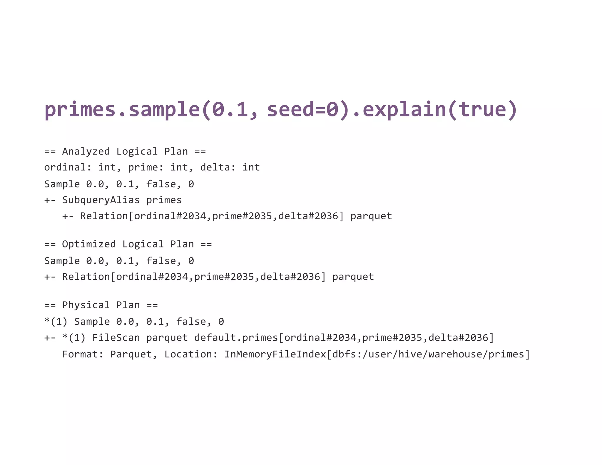 primes.sample(0.1, seed=0).explain(true)
== Analyzed Logical Plan ==
ordinal: int, prime: int, delta: int
Sample 0.0, 0.1, false, 0
+- SubqueryAlias primes
+- Relation[ordinal#2034,prime#2035,delta#2036] parquet
== Optimized Logical Plan ==
Sample 0.0, 0.1, false, 0
+- Relation[ordinal#2034,prime#2035,delta#2036] parquet
== Physical Plan ==
*(1) Sample 0.0, 0.1, false, 0
+- *(1) FileScan parquet default.primes[ordinal#2034,prime#2035,delta#2036]
Format: Parquet, Location: InMemoryFileIndex[dbfs:/user/hive/warehouse/primes]
 