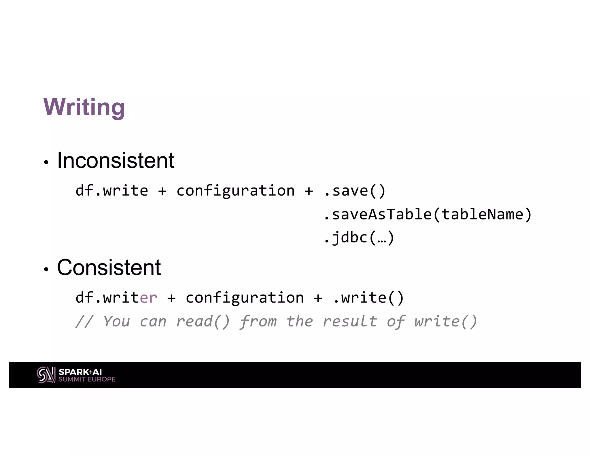 Writing
• Inconsistent
df.write + configuration + .save()
.saveAsTable(tableName)
.jdbc(…)
• Consistent
df.writer + configuration + .write()
// You can read() from the result of write()
 