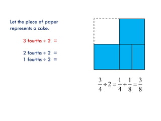 Let the piece of paper
represents a cake.

3 fourths  2 =
2 fourths  2 =
1 fourths  2 =

3
1 1 3
2   
4
4 8 8

 