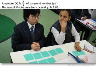 3
5

A number (x) is
of a second number (y).
The sum of the two numbers (x and y) is 120.

King Solomon Academy, London UK

 