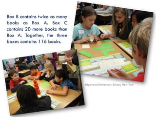 Box B contains twice as many
books as Box A. Box C
contains 20 more books than
Box A. Together, the three
boxes contains 116 books.

Edgewood Elementary School, New York

 