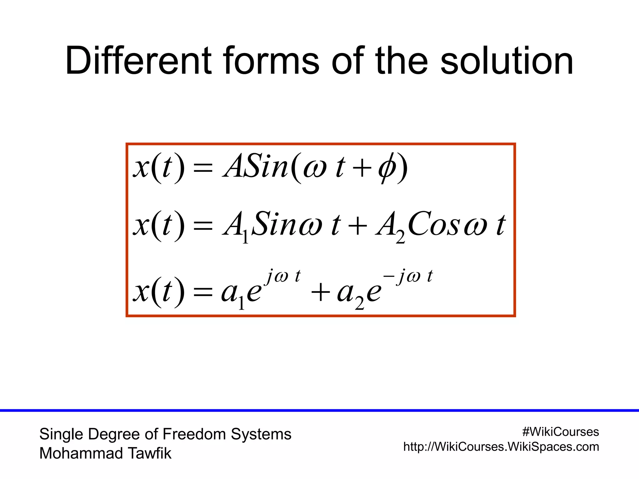 #WikiCourses
http://WikiCourses.WikiSpaces.com
Single Degree of Freedom Systems
Mohammad Tawfik
Different forms of the solution
tjtj
eaeatx
tCosAtSinAtx
tASintx







21
21
)(
)(
)()(
 