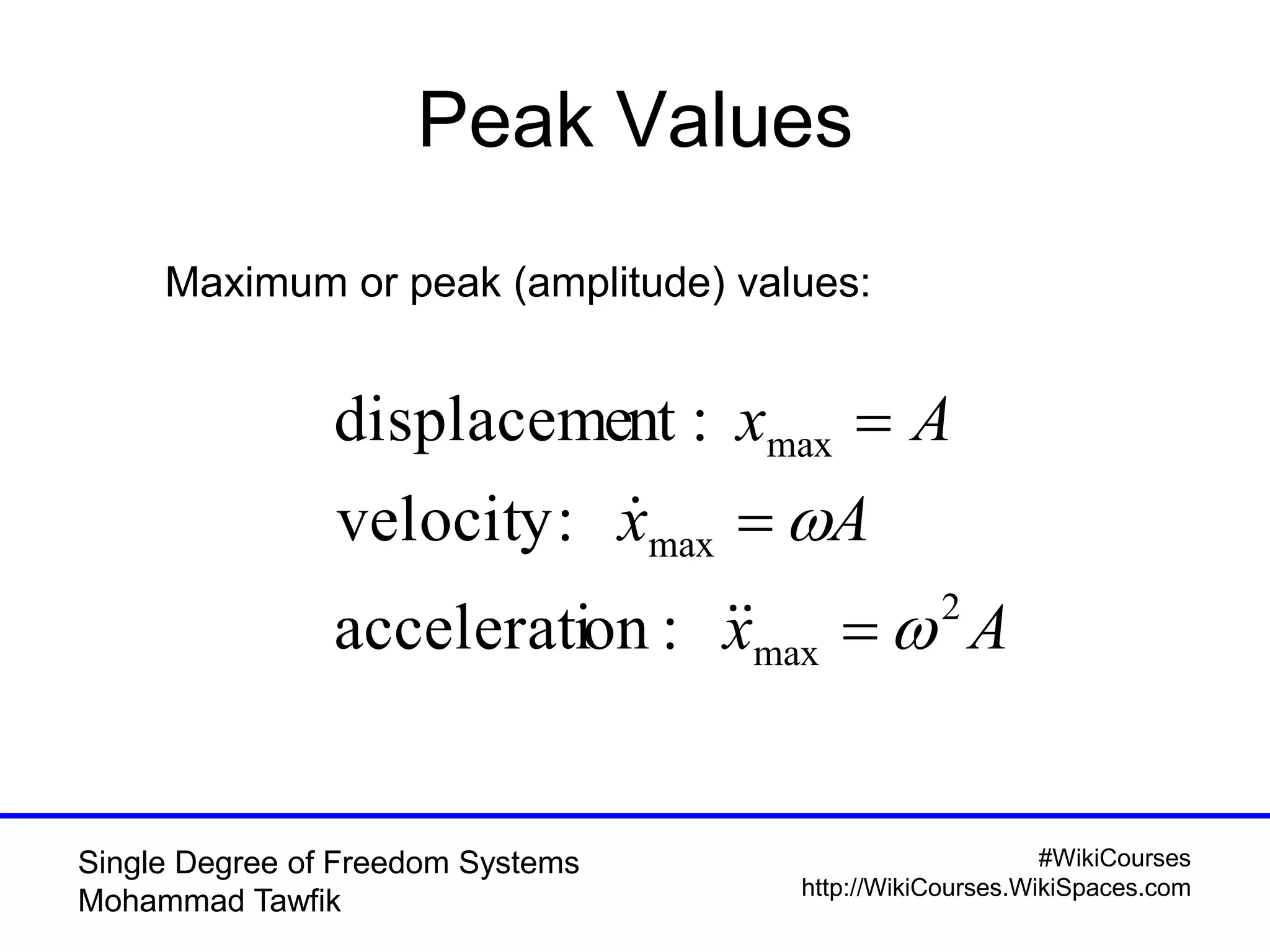 #WikiCourses
http://WikiCourses.WikiSpaces.com
Single Degree of Freedom Systems
Mohammad Tawfik
Peak Values
Ax
Ax
Ax
2
max
max
max
:onaccelerati
:velocity
:ntdisplaceme







Maximum or peak (amplitude) values:
 