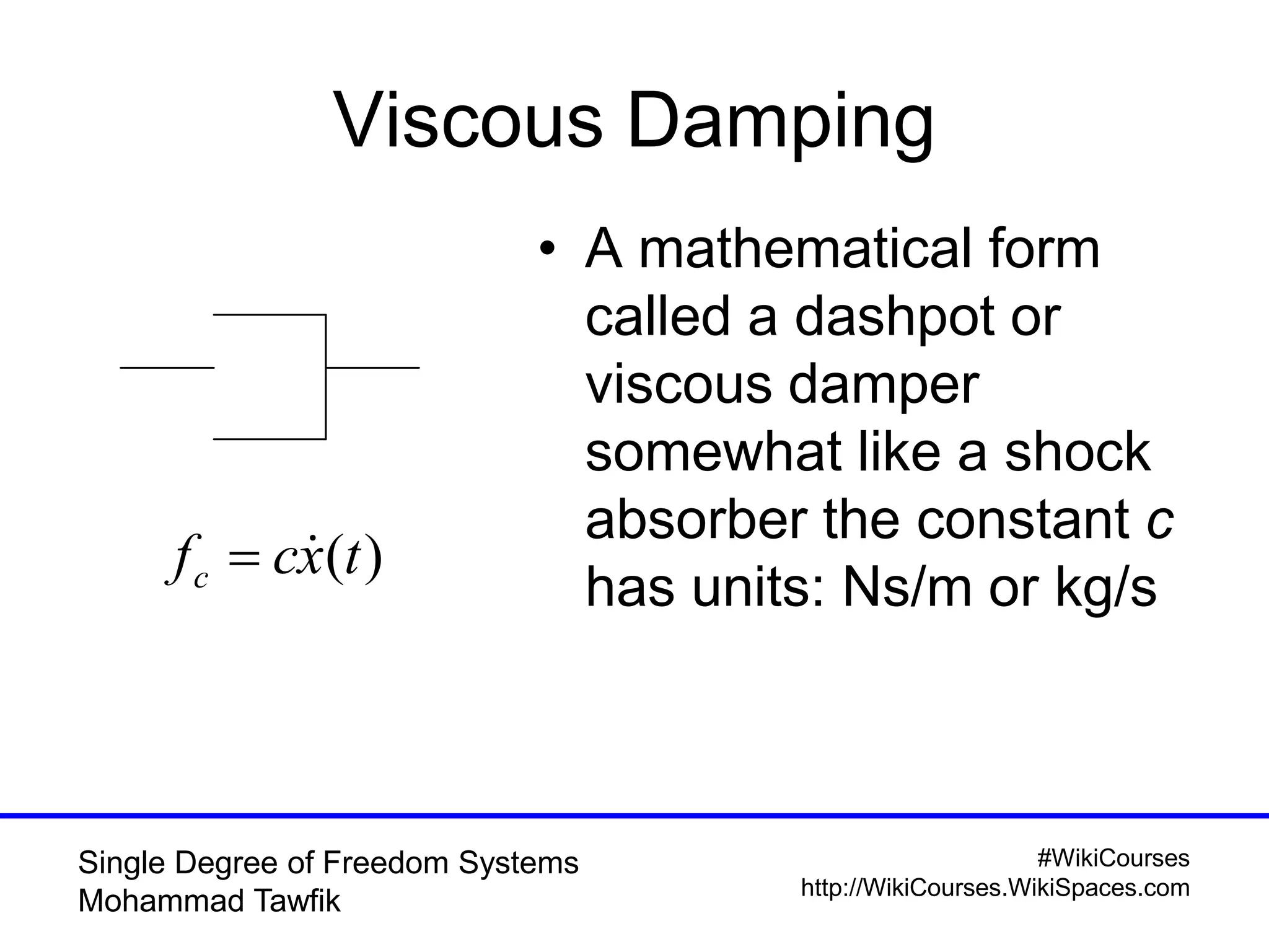 #WikiCourses
http://WikiCourses.WikiSpaces.com
Single Degree of Freedom Systems
Mohammad Tawfik
Viscous Damping
• A mathematical form
called a dashpot or
viscous damper
somewhat like a shock
absorber the constant c
has units: Ns/m or kg/s
)(txcfc

 