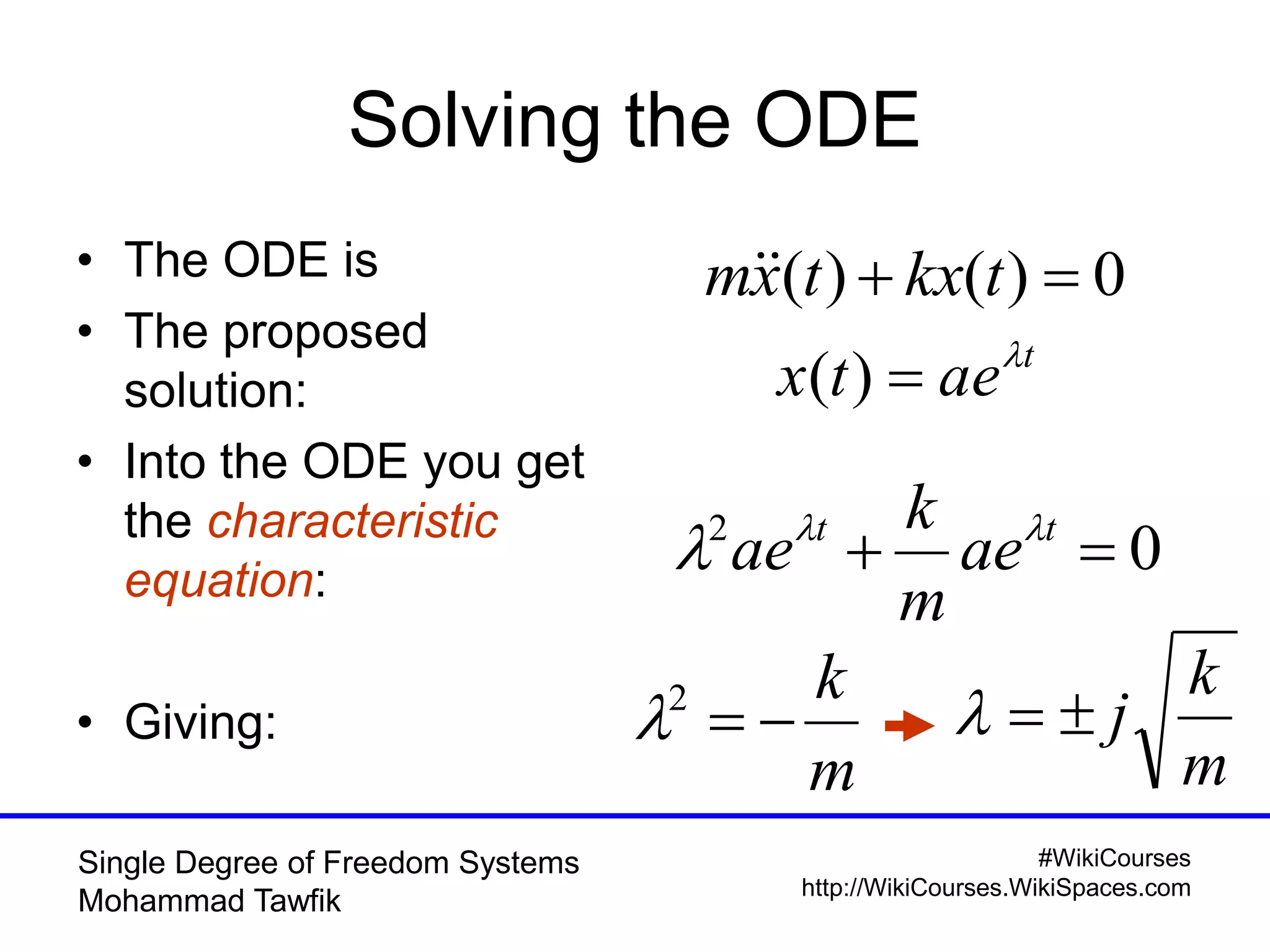 #WikiCourses
http://WikiCourses.WikiSpaces.com
Single Degree of Freedom Systems
Mohammad Tawfik
Solving the ODE
• The ODE is
• The proposed
solution:
• Into the ODE you get
the characteristic
equation:
• Giving:
0)()(  tkxtxm 
t
aetx 
)(
02
 tt
ae
m
k
ae 

m
k
2

m
k
j
 