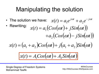 #WikiCourses
http://WikiCourses.WikiSpaces.com
Single Degree of Freedom Systems
Mohammad Tawfik
Manipulating the solution
• The solution we have:
• Rewriting:
tjtj
eaeatx  
 21)(
    
    tjSintCosa
tjSintCosatx




2
1)(
       tSinaajtCosaatx  2121)( 
   tSinAtCosAtx  21)( 
 