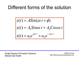 #WikiCourses
http://WikiCourses.WikiSpaces.com
Single Degree of Freedom Systems
Mohammad Tawfik
Different forms of the solution
tjtj
eaeatx
tCosAtSinAtx
tASintx







21
21
)(
)(
)()(
 