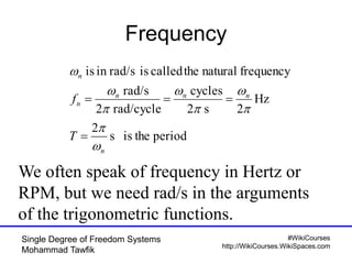 #WikiCourses
http://WikiCourses.WikiSpaces.com
Single Degree of Freedom Systems
Mohammad Tawfik
Frequency
periodtheiss
2
Hz
2s2
cycles
rad/cycle2
rad/s
frequencynaturalthecalledisrad/sinis
n
nnn
n
n
T
f











We often speak of frequency in Hertz or
RPM, but we need rad/s in the arguments
of the trigonometric functions.
 