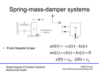 #WikiCourses
http://WikiCourses.WikiSpaces.com
Single Degree of Freedom Systems
Mohammad Tawfik
Spring-mass-damper systems
• From Newton’s law:
00 )0(,)0(
0)()()(
)()()(
vxxx
tkxtxctxm
tkxtxctxm






 