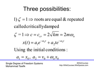 #WikiCourses
http://WikiCourses.WikiSpaces.com
Single Degree of Freedom Systems
Mohammad Tawfik
Three possibilities:
00201
21
,
:conditionsinitialtheUsing
)(
221=
dampedcriticallycalled
repeated&equalareroots1)1
xvaxa
teaeatx
mkmcc
n
tt
ncr
nn









 