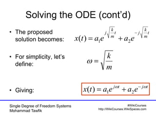 #WikiCourses
http://WikiCourses.WikiSpaces.com
Single Degree of Freedom Systems
Mohammad Tawfik
Solving the ODE (cont’d)
• The proposed
solution becomes:
• For simplicity, let’s
define:
• Giving:
t
m
k
jt
m
k
j
eaeatx

 21)(
m
k

tjtj
eaeatx  
 21)(
 