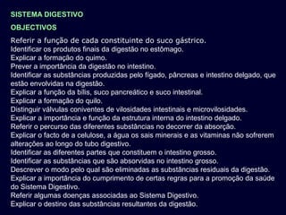 SISTEMA DIGESTIVO
OBJECTIVOS
Referir a função de cada constituinte do suco gástrico.
Identificar os produtos finais da digestão no estômago.
Explicar a formação do quimo.
Prever a importância da digestão no intestino.
Identificar as substâncias produzidas pelo fígado, pâncreas e intestino delgado, que
estão envolvidas na digestão.
Explicar a função da bílis, suco pancreático e suco intestinal.
Explicar a formação do quilo.
Distinguir válvulas coniventes de vilosidades intestinais e microvilosidades.
Explicar a importância e função da estrutura interna do intestino delgado.
Referir o percurso das diferentes substâncias no decorrer da absorção.
Explicar o facto de a celulose, a água os sais minerais e as vitaminas não sofrerem
alterações ao longo do tubo digestivo.
Identificar as diferentes partes que constituem o intestino grosso.
Identificar as substâncias que são absorvidas no intestino grosso.
Descrever o modo pelo qual são eliminadas as substâncias residuais da digestão.
Explicar a importância do cumprimento de certas regras para a promoção da saúde
do Sistema Digestivo.
Referir algumas doenças associadas ao Sistema Digestivo.
Explicar o destino das substâncias resultantes da digestão.

 