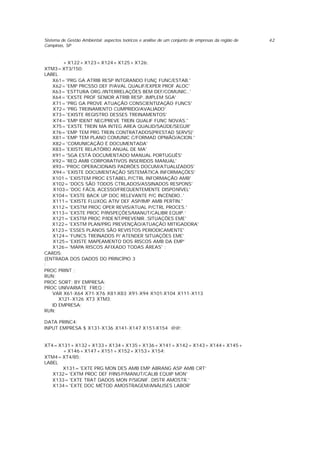 Sistema de Gestão Ambiental: aspectos teóricos e análise de um conjunto de empresas da região de
Campinas, SP
42
+X122+X123+X124+X125+X126;
XTM3=XT3/150;
LABEL
X61='PRG GA ATRIB RESP INTGRANDO FUNÇ FUNC/ESTAB.'
X62='EMP PRCSSO DEF P/AVAL QUALIF/EXPER PROF ALOC'
X63='ESTTURA ORG./INTERRELAÇÕES BEM DEF/COMUNIC..'
X64='EXSTE PROF SENIOR ATRIB RESP..IMPLEM SGA'
X71='PRG GA PROVE ATUAÇÃO CONSCIENTIZAÇÃO FUNCS'
X72='PRG TREINAMENTO CUMPRIDO/AVALIADO'
X73='EXISTE REGISTRO DESSES TREINAMENTOS'
X74='EMP IDENT NEC/PREVE TREIN QUALIF FUNC NOVAS.'
X75='EXSTE TREIN MA INTEG AREA QUALID/SAÚDE/SEGUR'
X76='EMP TEM PRG TREIN.CONTRATADOS(PRESTAD SERVS)'
X81='EMP TEM PLANO COMUNIC C/FORMAD OPNIÃO/ACION.'
X82='COMUNICAÇÃO É DOCUMENTADA'
X83='EXISTE RELATÓRIO ANUAL DE MA'
X91='SGA ESTÁ DOCUMENTADO MANUAL PORTUGUÊS'
X92='REQ AMB CORPORATIVOS INSERIDOS MANUAL'
X93='PROC OPERACIONAIS PADRÕES DOCUM/ATUALIZADOS'
X94='EXISTE DOCUMENTAÇÃO SISTEMÁTICA INFORMAÇÕES'
X101='EXISTEM PROC ESTABEL.P/CTRL INFORMAÇÃO AMB'
X102='DOCS SÃO TODOS CTRLADOS/ASSINADOS RESPONS'
X103='DOC FÁCIL ACESSO/FREQUENTEMENTE DISPONÍVEL'
X104='EXSTE BACK UP DOC RELEVANTE P/C INCÊNDIO..'
X111='EXISTE FLUXOG ATIV DEF ASP/IMP AMB PERTIN.'
X112='EXSTM PROC OPER REVIS/ATUAL P/CTRL PROCES.'
X113='EXSTE PROC P/INSPEÇÕES/MANUT/CALIBR EQUIP.’
X121='EXSTM PROC P/IDE NT/PREVENIR..SITUAÇÕES EME'
X122='EXSTM PLAN/PRG PREVENÇÃO/ATUAÇÃO MITIGADORA'
X123='ESSES PLANOS SÃO REVISTOS PERIODICAMENTE'
X124='FUNCS TREINADOS P/ ATENDER SITUAÇÕES EME'
X125='EXISTE MAPEAMENTO DOS RISCOS AMB DA EMP'
X126='MAPA RISCOS AFIXADO TODAS ÁREAS' ;
CARDS;
{ENTRADA DOS DADOS DO PRINCÍPIO 3
;
PROC PRINT ;
RUN;
PROC SORT; BY EMPRESA;
PROC UNIVARIATE FREQ ;
VAR X61-X64 X71-X76 X81-X83 X91-X94 X101-X104 X111-X113
X121-X126 XT3 XTM3;
ID EMPRESA;
RUN;
DATA PRINC4;
INPUT EMPRESA $ X131-X136 X141-X147 X151-X154 @@;
XT4=X131+X132+X133+X134+X135+X136+X141+X142+X143+X144+X145+
+X146+X147+X151+X152+X153+X154;
XTM4=XT4/85;
LABEL
X131='EXTE PRG MON DES AMB EMP ABRANG ASP AMB CRT’
X132='EXTM PROC DEF P/INS P/MANUT/CALIB EQUIP MON'
X133='EXTE TRAT DADOS MON P/SIGNIF..DISTR AMOSTR.'
X134='EXTE DOC MÉTOD AMOSTRAGEM/ANÁLISES LABOR'
 
