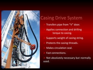 Casing Drive System 
 Transfers pipe from “V” door. 
 Applies connection and drilling 
torque to casing. 
 Supports weight of casing string. 
 Protects the casing threads. 
 Makes circulation seal. 
 Fast connections. 
 Not absolutely necessary but normally 
used. 
 