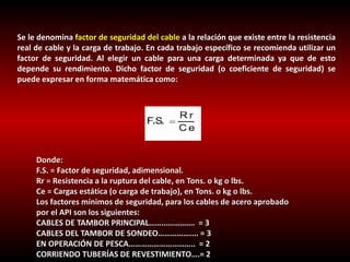 Se le denomina factor de seguridad del cable a la relación que existe entre la resistencia 
real de cable y la carga de trabajo. En cada trabajo específico se recomienda utilizar un 
factor de seguridad. Al elegir un cable para una carga determinada ya que de esto 
depende su rendimiento. Dicho factor de seguridad (o coeficiente de seguridad) se 
puede expresar en forma matemática como: 
Donde: 
F.S. = Factor de seguridad, adimensional. 
Rr = Resistencia a la ruptura del cable, en Tons. o kg o lbs. 
Ce = Cargas estática (o carga de trabajo), en Tons. o kg o lbs. 
Los factores mínimos de seguridad, para los cables de acero aprobado 
por el API son los siguientes: 
CABLES DE TAMBOR PRINCIPAL…………………. = 3 
CABLES DEL TAMBOR DE SONDEO…………….... = 3 
EN OPERACIÓN DE PESCA………………………….. = 2 
CORRIENDO TUBERÍAS DE REVESTIMIENTO….= 2 
 
