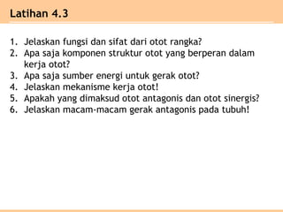 1. Jelaskan fungsi dan sifat dari otot rangka?
2. Apa saja komponen struktur otot yang berperan dalam
kerja otot?
3. Apa saja sumber energi untuk gerak otot?
4. Jelaskan mekanisme kerja otot!
5. Apakah yang dimaksud otot antagonis dan otot sinergis?
6. Jelaskan macam-macam gerak antagonis pada tubuh!
Latihan 4.3
 
