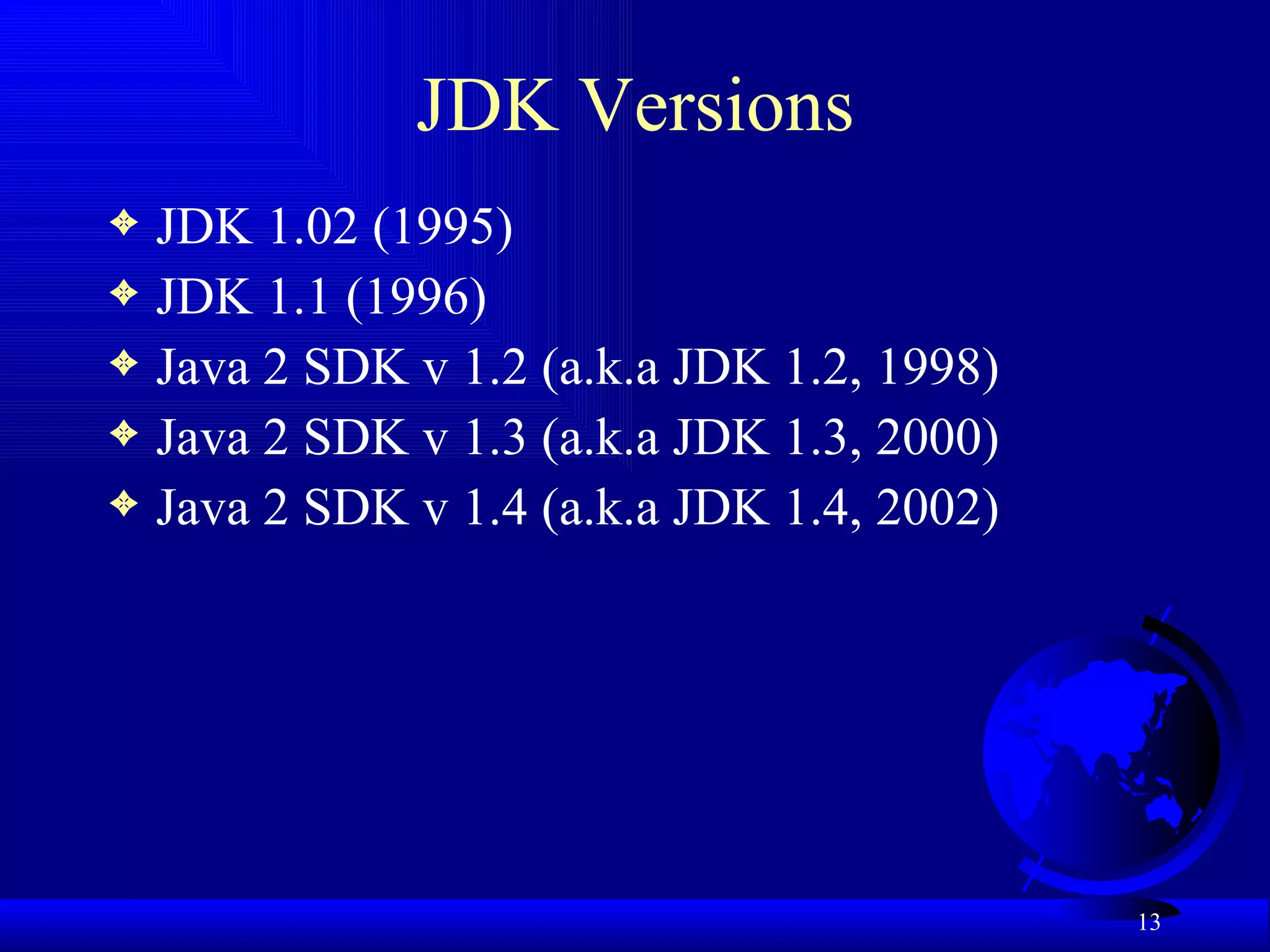JDK Versions JDK 1.02 (1995) JDK 1.1 (1996) Java 2 SDK v 1.2 (a.k.a JDK 1.2, 1998) Java 2 SDK v 1.3 (a.k.a JDK 1.3, 2000) Java 2 SDK v 1.4 (a.k.a JDK 1.4, 2002) 