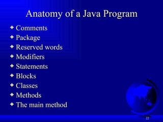 Anatomy of a Java Program Comments Package Reserved words Modifiers Statements Blocks Classes Methods The main method 