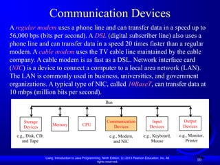 Communication Devices
A regular modem uses a phone line and can transfer data in a speed up to
56,000 bps (bits per second). A DSL (digital subscriber line) also uses a
phone line and can transfer data in a speed 20 times faster than a regular
modem. A cable modem uses the TV cable line maintained by the cable
company. A cable modem is as fast as a DSL. Network interface card
(NIC) is a device to connect a computer to a local area network (LAN).
The LAN is commonly used in business, universities, and government
organizations. A typical type of NIC, called 10BaseT, can transfer data at
10 mbps (million bits per second).
                                                                Bus



     Storage                                                     Communication                    Input              Output
                         Memory                CPU                  Devices                      Devices             Devices
     Devices
  e.g., Disk, CD,                                                  e.g., Modem,             e.g., Keyboard,        e.g., Monitor,
     and Tape                                                        and NIC                     Mouse                 Printer


                    Liang, Introduction to Java Programming, Ninth Edition, (c) 2013 Pearson Education, Inc. All
                                                         rights reserved.
                                                                                                                             10
 