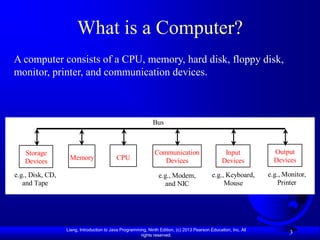 What is a Computer?
A computer consists of a CPU, memory, hard disk, floppy disk,
monitor, printer, and communication devices.



                                                              Bus



   Storage                                                     Communication                      Input            Output
   Devices         Memory                  CPU                    Devices                        Devices           Devices

e.g., Disk, CD,                                                  e.g., Modem,               e.g., Keyboard,      e.g., Monitor,
   and Tape                                                        and NIC                       Mouse               Printer




                  Liang, Introduction to Java Programming, Ninth Edition, (c) 2013 Pearson Education, Inc. All
                                                       rights reserved.
                                                                                                                         3
 