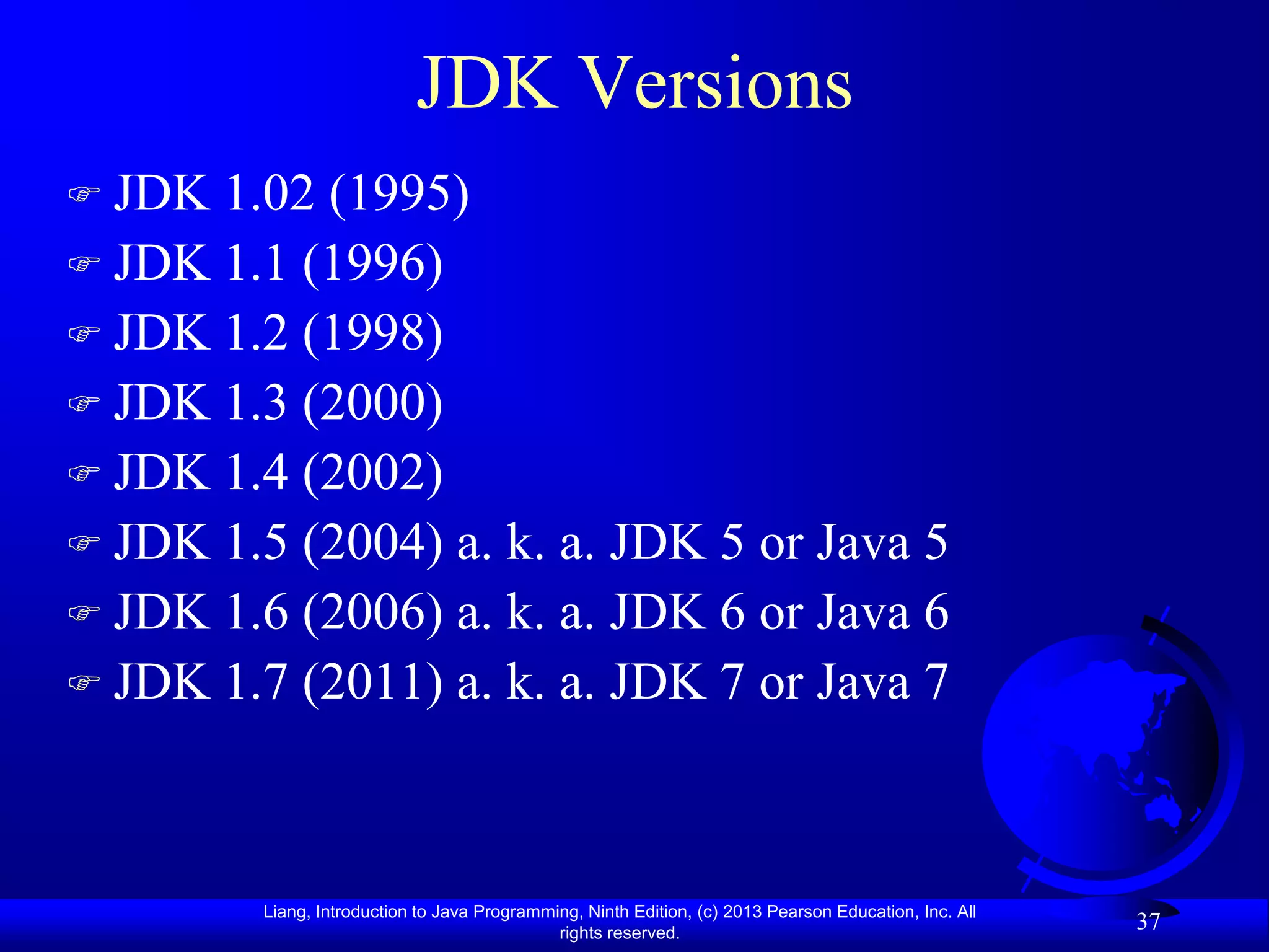 JDK Versions
 JDK 1.02 (1995)
 JDK 1.1 (1996)
 JDK 1.2 (1998)
 JDK 1.3 (2000)
 JDK 1.4 (2002)
 JDK 1.5 (2004) a. k. a. JDK 5 or Java 5
 JDK 1.6 (2006) a. k. a. JDK 6 or Java 6
 JDK 1.7 (2011) a. k. a. JDK 7 or Java 7




         Liang, Introduction to Java Programming, Ninth Edition, (c) 2013 Pearson Education, Inc. All
                                              rights reserved.
                                                                                                        37
 
