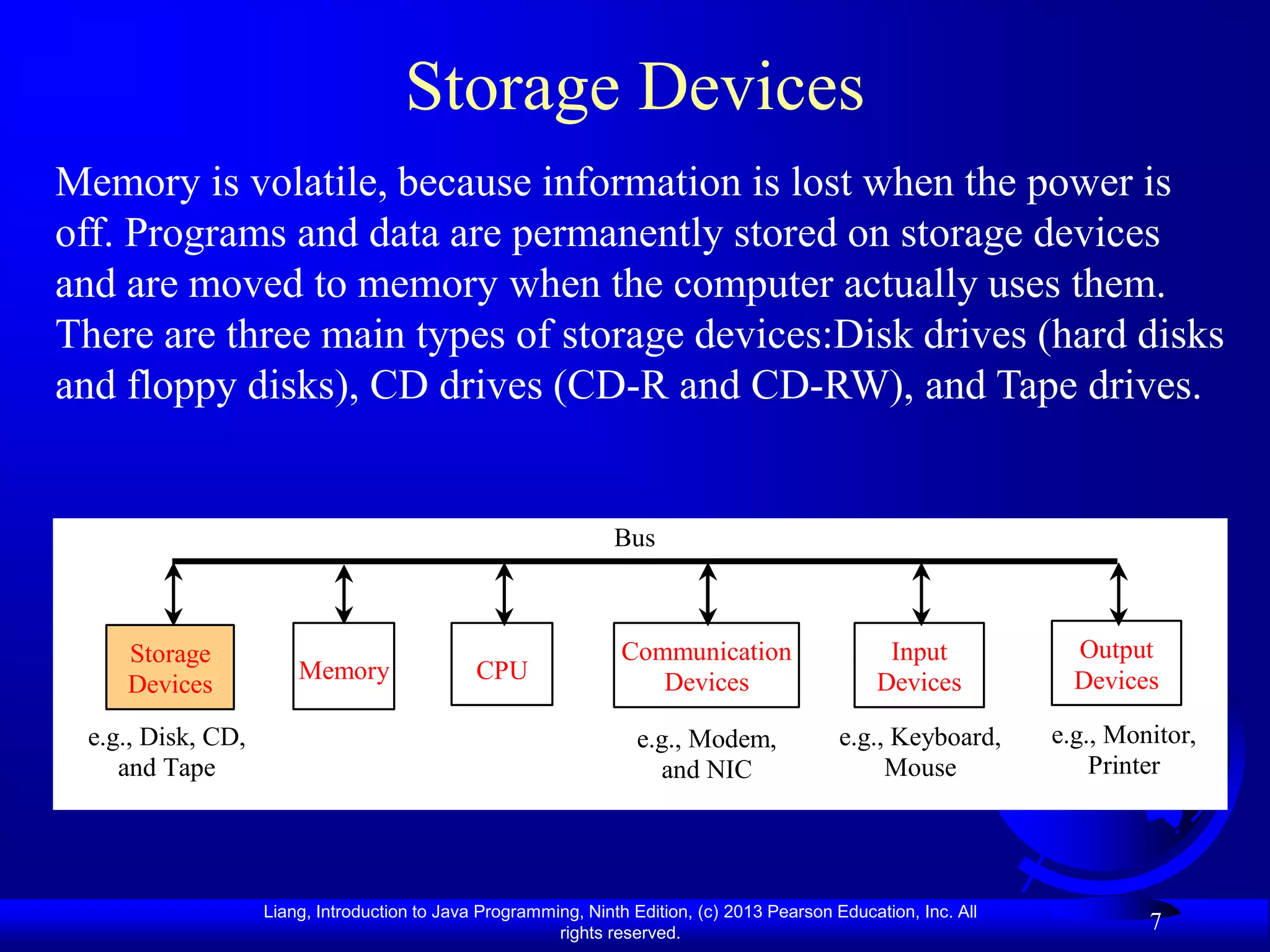 Storage Devices
Memory is volatile, because information is lost when the power is
off. Programs and data are permanently stored on storage devices
and are moved to memory when the computer actually uses them.
There are three main types of storage devices:Disk drives (hard disks
and floppy disks), CD drives (CD-R and CD-RW), and Tape drives.


                                                                Bus



    Storage                                                      Communication                     Input            Output
                       Memory                 CPU                   Devices                       Devices           Devices
    Devices
 e.g., Disk, CD,                                                   e.g., Modem,              e.g., Keyboard,      e.g., Monitor,
    and Tape                                                         and NIC                      Mouse               Printer




                   Liang, Introduction to Java Programming, Ninth Edition, (c) 2013 Pearson Education, Inc. All
                                                        rights reserved.
                                                                                                                           7
 