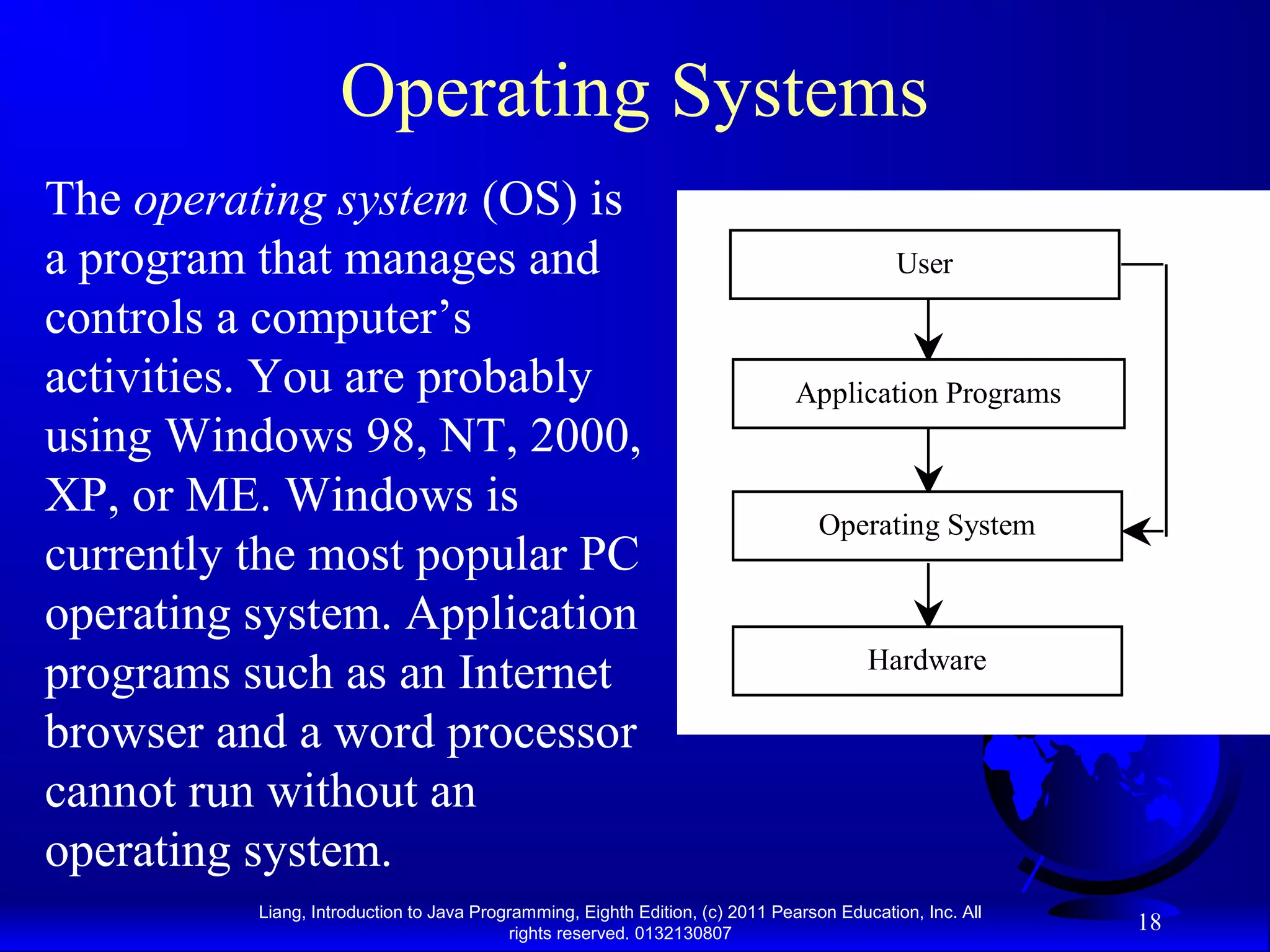 Liang, Introduction to Java Programming, Eighth Edition, (c) 2011 Pearson Education, Inc. All rights reserved. 0132130807 18 Operating Systems The operating system (OS) is a program that manages and controls a computer’s activities. You are probably using Windows 98, NT, 2000, XP, or ME. Windows is currently the most popular PC operating system. Application programs such as an Internet browser and a word processor cannot run without an operating system. User Application Programs Operating System Hardware 