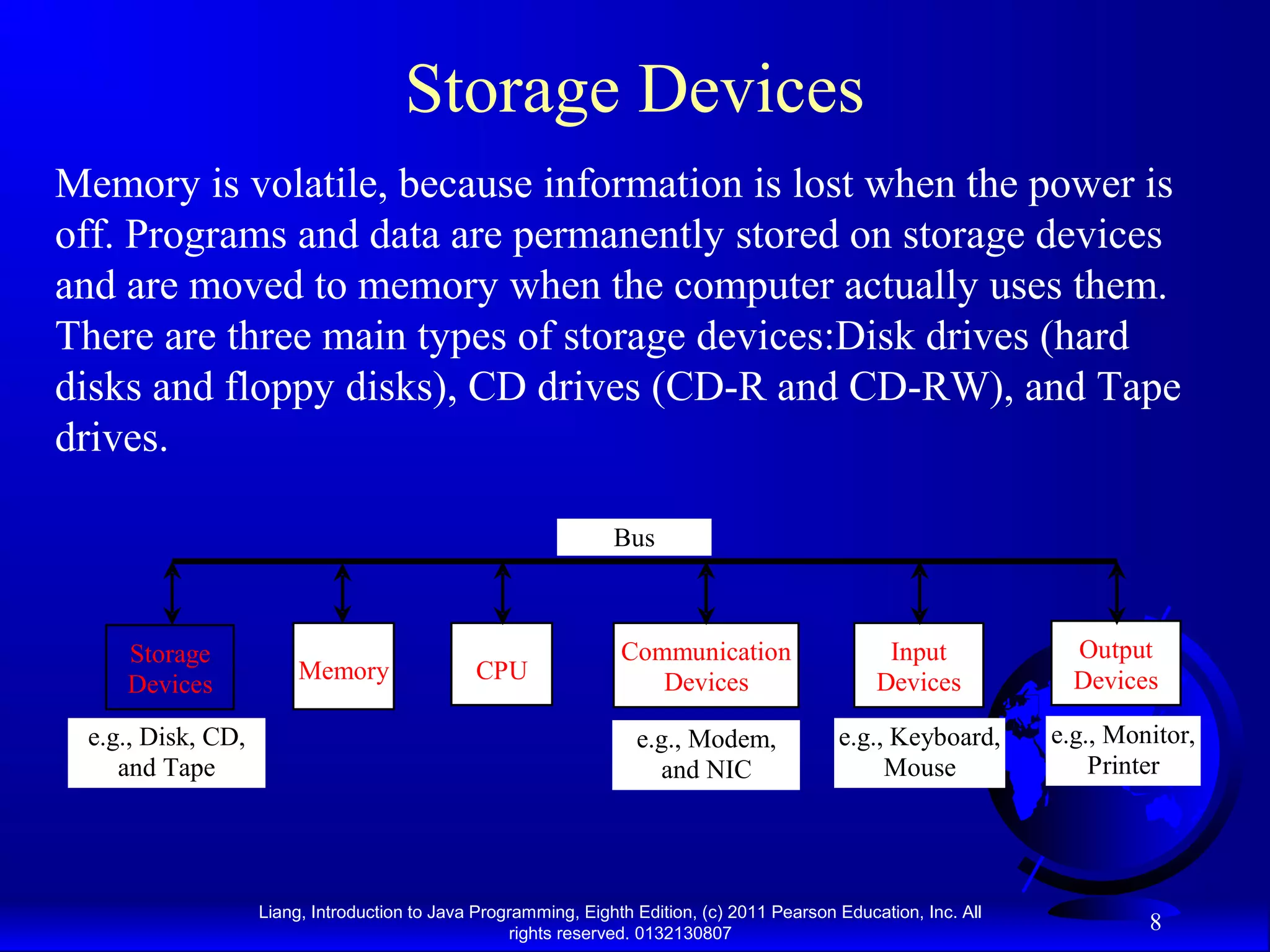 Liang, Introduction to Java Programming, Eighth Edition, (c) 2011 Pearson Education, Inc. All rights reserved. 0132130807 8 Storage Devices Memory is volatile, because information is lost when the power is off. Programs and data are permanently stored on storage devices and are moved to memory when the computer actually uses them. There are three main types of storage devices:Disk drives (hard disks and floppy disks), CD drives (CD-R and CD-RW), and Tape drives. CPU e.g., Disk, CD, and Tape Input Devices e.g., Keyboard, Mouse e.g., Monitor, Printer Communication Devices e.g., Modem, and NIC Storage Devices Memory Output Devices Bus 
