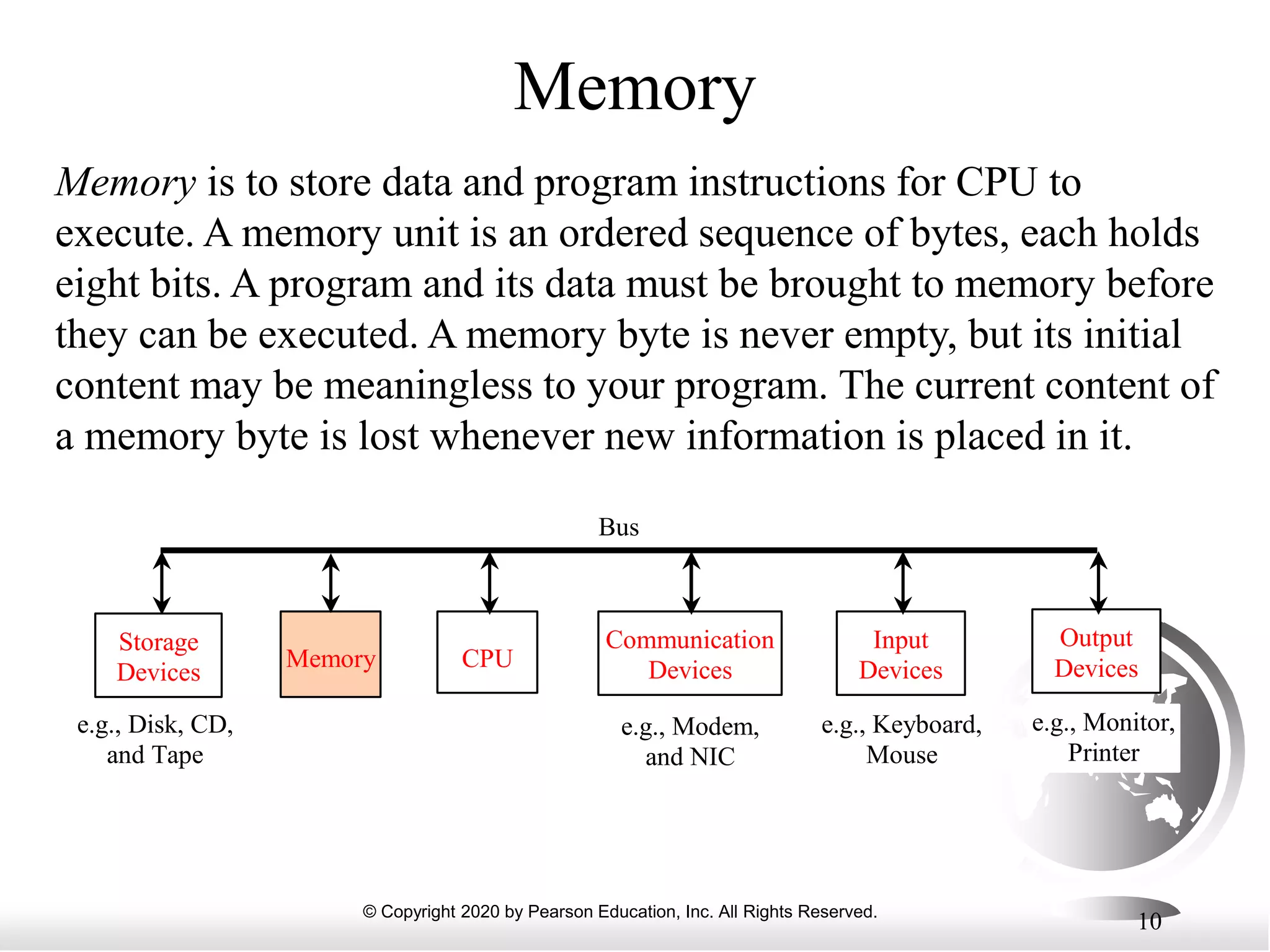 © Copyright 2020 by Pearson Education, Inc. All Rights Reserved.
10
Memory
Memory is to store data and program instructions for CPU to
execute. A memory unit is an ordered sequence of bytes, each holds
eight bits. A program and its data must be brought to memory before
they can be executed. A memory byte is never empty, but its initial
content may be meaningless to your program. The current content of
a memory byte is lost whenever new information is placed in it.
CPU
e.g., Disk, CD,
and Tape
Input
Devices
e.g., Keyboard,
Mouse
e.g., Monitor,
Printer
Communication
Devices
e.g., Modem,
and NIC
Storage
Devices
Memory
Output
Devices
Bus
 
