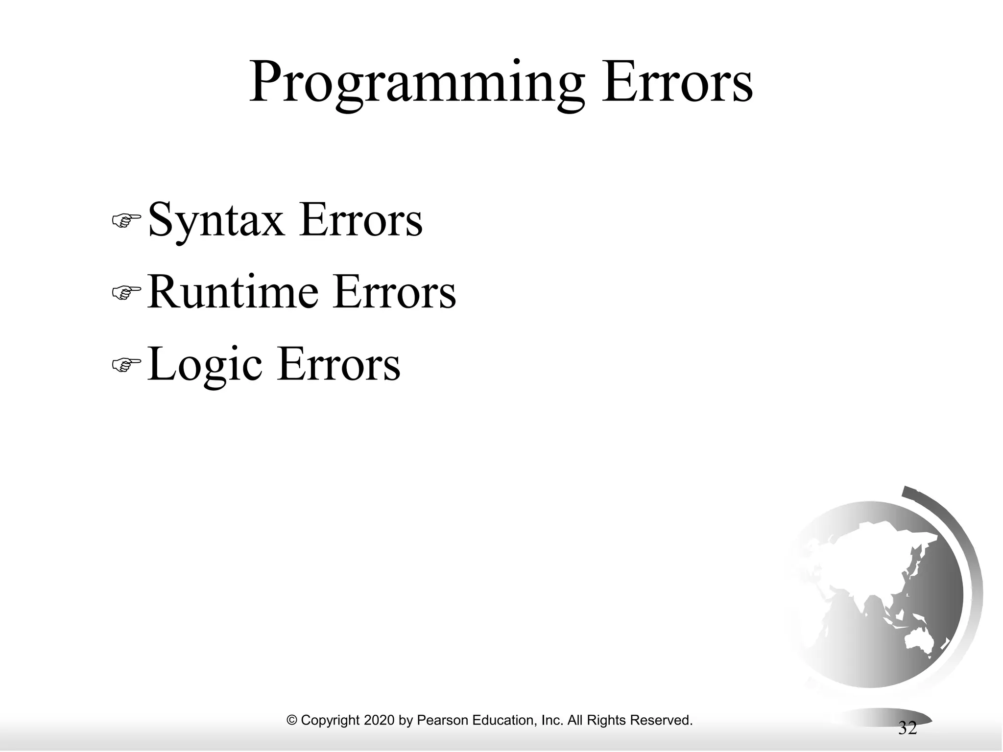 © Copyright 2020 by Pearson Education, Inc. All Rights Reserved.
32
Programming Errors
Syntax Errors
Runtime Errors
Logic Errors
 