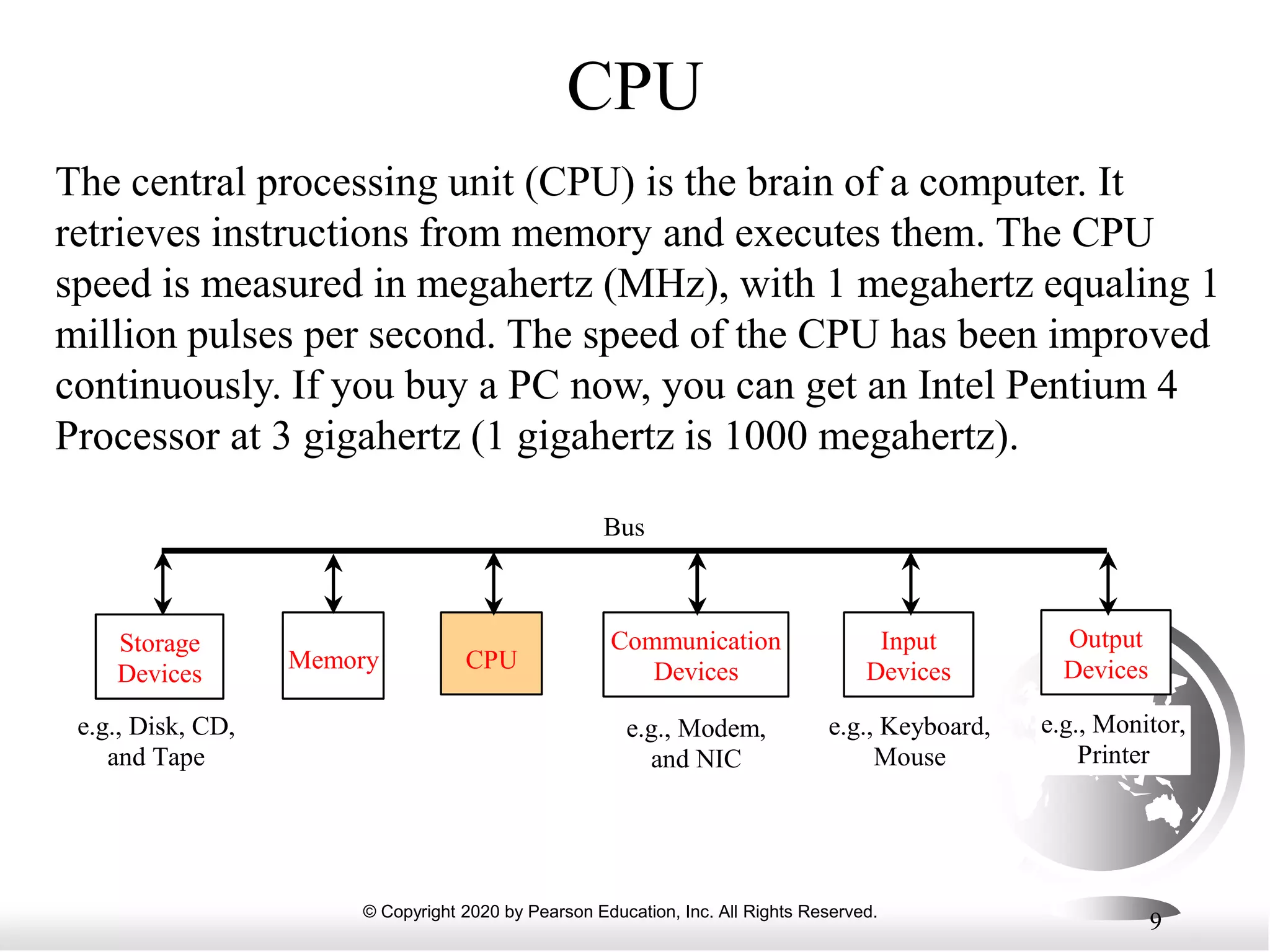 © Copyright 2020 by Pearson Education, Inc. All Rights Reserved.
9
CPU
The central processing unit (CPU) is the brain of a computer. It
retrieves instructions from memory and executes them. The CPU
speed is measured in megahertz (MHz), with 1 megahertz equaling 1
million pulses per second. The speed of the CPU has been improved
continuously. If you buy a PC now, you can get an Intel Pentium 4
Processor at 3 gigahertz (1 gigahertz is 1000 megahertz).
CPU
e.g., Disk, CD,
and Tape
Input
Devices
e.g., Keyboard,
Mouse
e.g., Monitor,
Printer
Communication
Devices
e.g., Modem,
and NIC
Storage
Devices
Memory
Output
Devices
Bus
 