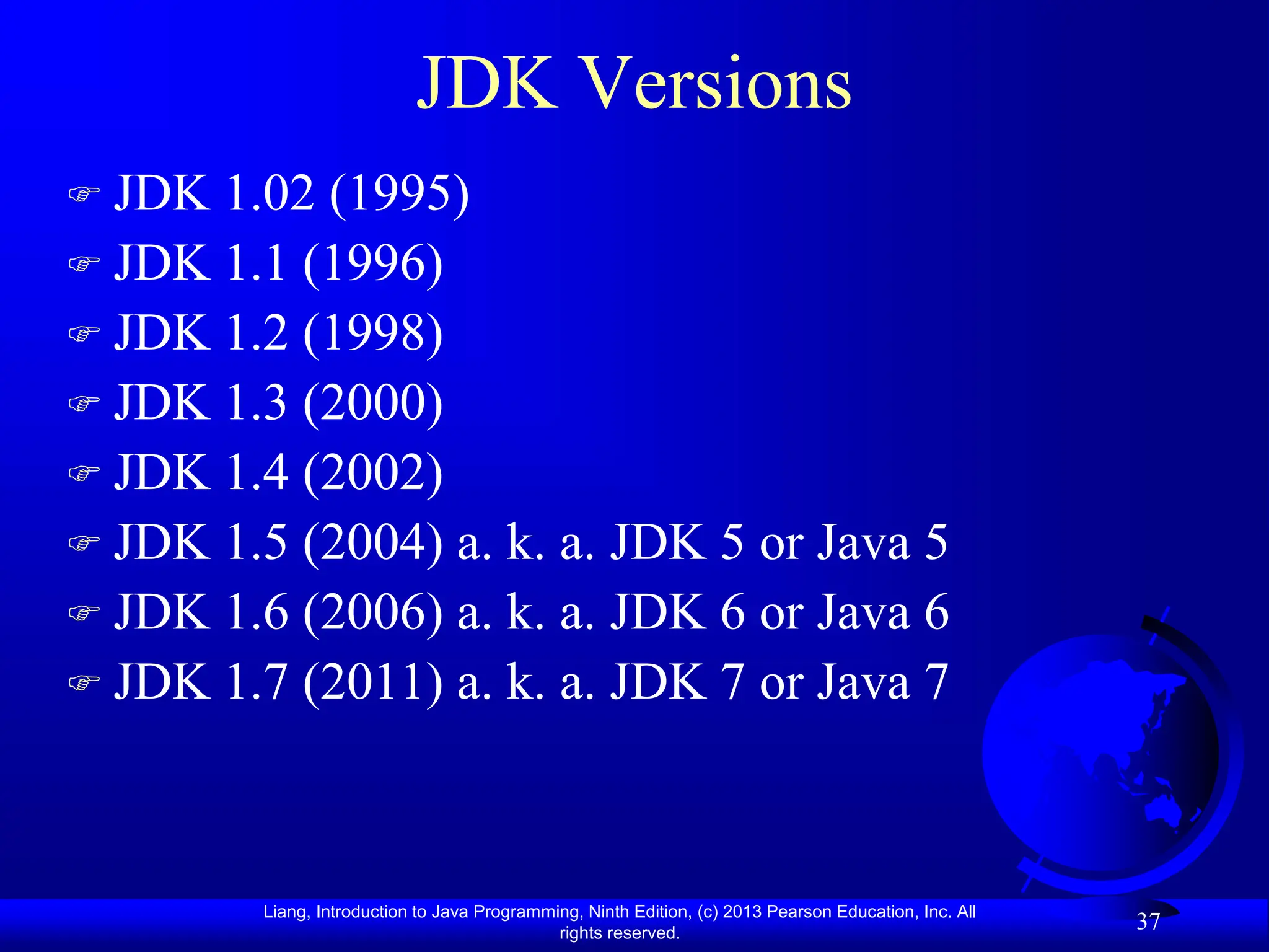 Liang, Introduction to Java Programming, Ninth Edition, (c) 2013 Pearson Education, Inc. All
rights reserved.
37
JDK Versions
 JDK 1.02 (1995)
 JDK 1.1 (1996)
 JDK 1.2 (1998)
 JDK 1.3 (2000)
 JDK 1.4 (2002)
 JDK 1.5 (2004) a. k. a. JDK 5 or Java 5
 JDK 1.6 (2006) a. k. a. JDK 6 or Java 6
 JDK 1.7 (2011) a. k. a. JDK 7 or Java 7
 