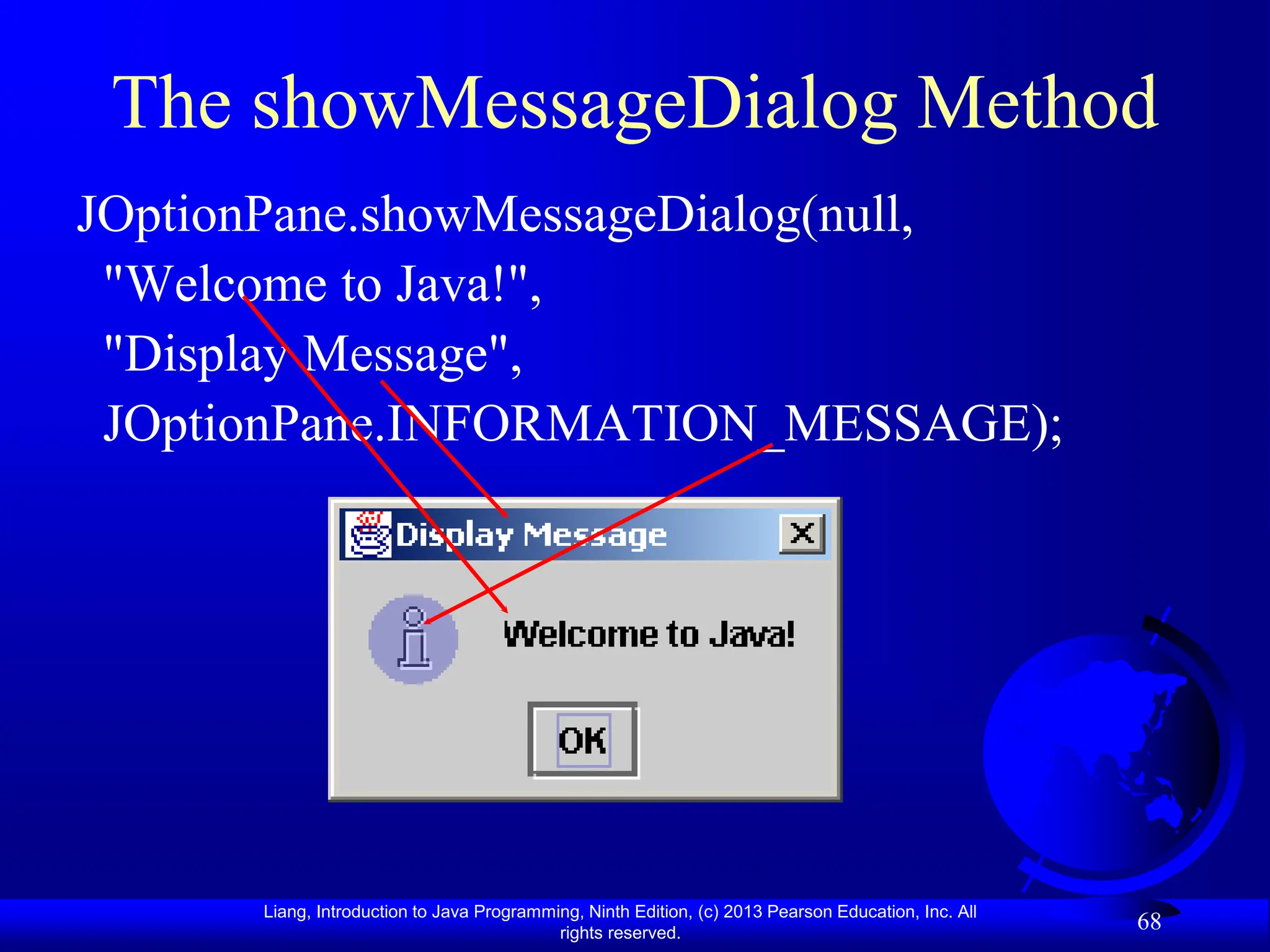 Liang, Introduction to Java Programming, Ninth Edition, (c) 2013 Pearson Education, Inc. All
rights reserved.
68
The showMessageDialog Method
JOptionPane.showMessageDialog(null,
"Welcome to Java!",
"Display Message",
JOptionPane.INFORMATION_MESSAGE);
 