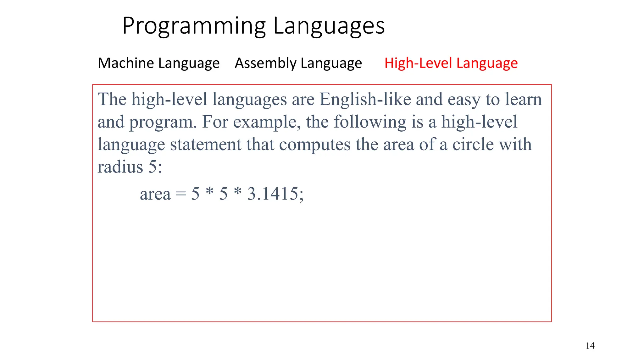 Programming Languages Machine Language Assembly Language High-Level Language 14 The high-level languages are English-like and easy to learn and program. For example, the following is a high-level language statement that computes the area of a circle with radius 5: area = 5 * 5 * 3.1415; 