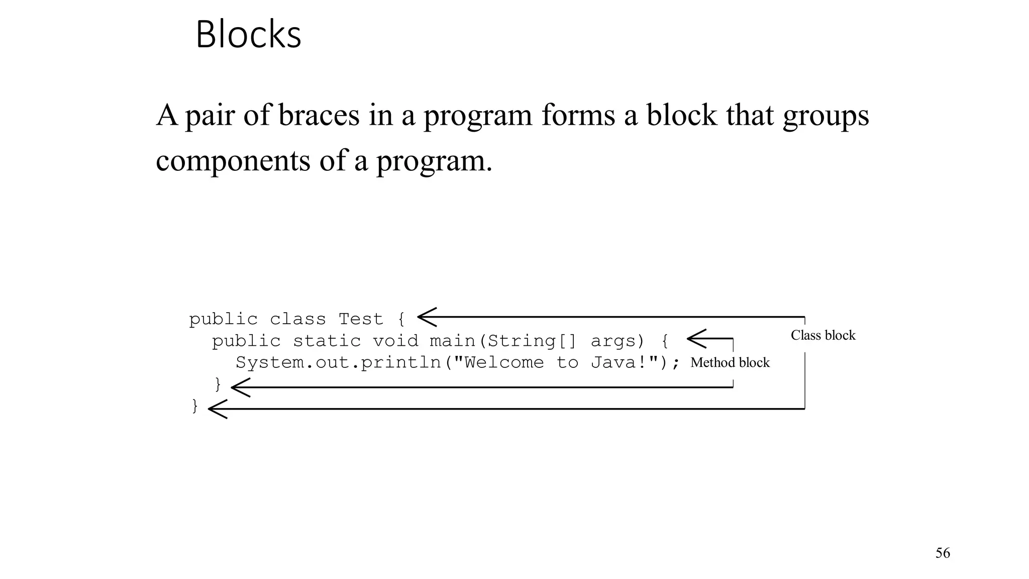 Blocks 56 A pair of braces in a program forms a block that groups components of a program. public class Test { public static void main(String[] args) { System.out.println("Welcome to Java!"); } } Class block Method block 