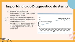 Importância do Diagnóstico da Asma
● A asma é uma doença
respiratória crônica com impacto
global signiﬁcativo.
● Diagnóstico precoce e preciso
evita complicações e melhora o
controle da doença.
● Combinação de métodos clínicos
e exames complementares é
essencial.
 