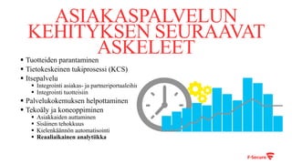 ASIAKASPALVELUN
KEHITYKSEN SEURAAVAT
ASKELEET§ Tuotteiden parantaminen
§ Tietokeskeinen tukiprosessi (KCS)
§ Itsepalvelu
§ Integrointi asiakas- ja partneriportaaleihin
§ Integrointi tuotteisiin
§ Palvelukokemuksen helpottaminen
§ Tekoäly ja koneoppiminen
§ Asiakkaiden auttaminen
§ Sisäinen tehokkuus
§ Kielenkäännön automatisointi
§ Reaaliaikainen analytiikka
 
