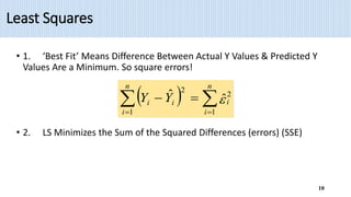 Least Squares
• 1. ‘Best Fit’ Means Difference Between Actual Y Values & Predicted Y
Values Are a Minimum. So square errors!
• 2. LS Minimizes the Sum of the Squared Differences (errors) (SSE)
  
 



n
i
i
n
i
i
i Y
Y
1
2
1
2
ˆ
ˆ 
10
 
