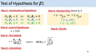 Test of Hypothesis for 𝛽1
Step-1:- Construction of Hypothesis
Step-2:- Level of Significance
Step-3:- Test Statistic
Step-4:- Calculations
Step-5:- Decision Rule, Reject H0 if
Step-6:- Results
21
𝑤ℎ𝑒𝑟𝑒 𝑺𝑬 𝒃𝟏 =
𝑺𝟐
𝒆
𝒙𝟐
𝑡 =
𝒃𝟏 − 𝜷𝟏
𝑺𝑬(𝒃𝟏)
𝛼 = 0.05
𝐻0: 𝜷𝟏 = 0 𝑣𝑠 𝐻1: 𝜷𝟏 ≠ 0
𝐻0: 𝜷𝟏 ≤ 0 𝑣𝑠 𝐻1: 𝜷𝟏 > 0
𝐻0: 𝜷𝟏 ≥ 0 𝑣𝑠 𝐻1: 𝜷𝟏 < 0
𝑡 ≤ −𝑡𝛼
2,𝑑𝑓
𝑜𝑟 𝑡 ≥ 𝑡𝛼
2,𝑑𝑓
𝑡 ≥ 𝑡𝛼, (𝑑𝑓)
𝑡 ≤ −𝑡𝛼, (𝑑𝑓)
 