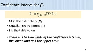 Confidence Interval for 𝜷𝟏
• b1 is the estimate of 𝜷𝟏
• SE(b1), already computed
• t is the table value
• There will be two limits of the confidence interval,
the lower limit and the upper limit
25
𝑏1 ± 𝑡𝛼
2
,(𝑛−2)𝑆𝐸(𝑏1)
 